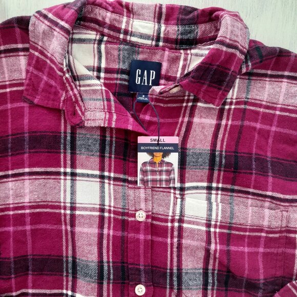 NEW Gap Shirt Womens Small Plaid Boyfriend Flannel Button Up Maroon/Wine/Black - Picture 4 of 5